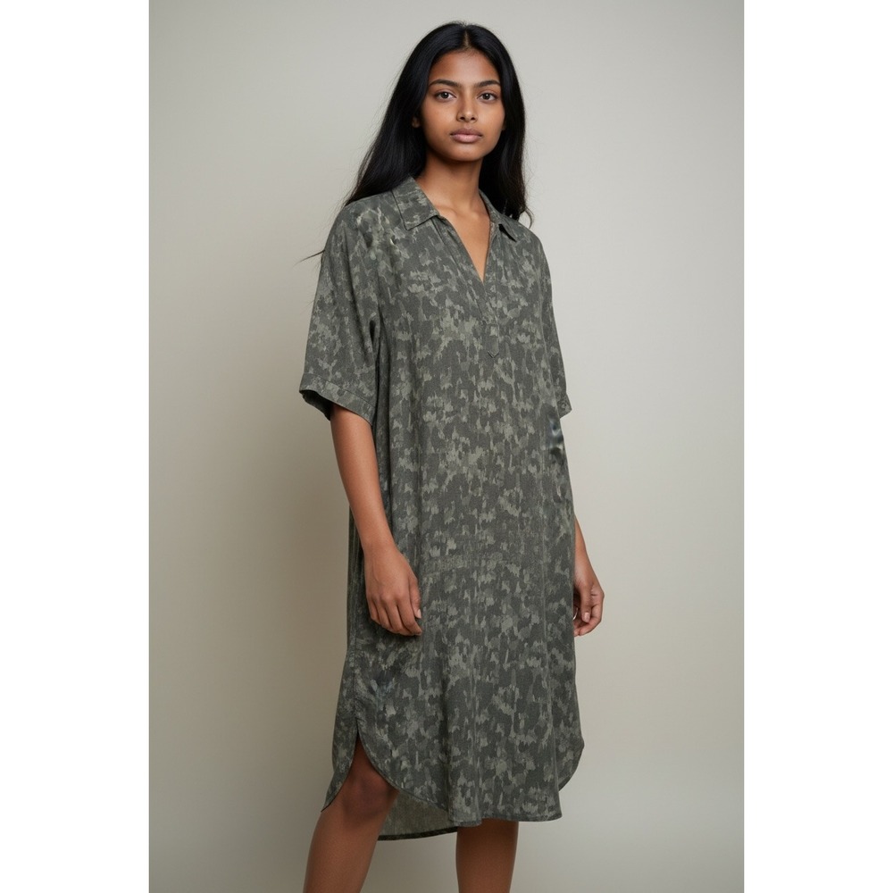 Philosophy Women's Sz L Camo Tunic Shirt Dress Chambray Tencel Pockets MSRP $78